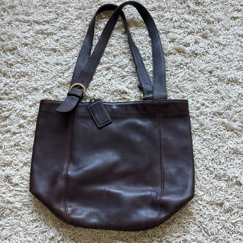 Vintage Coach Leather Shoulder Bucket Bag Purse Dark Brown Double Strap